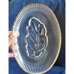 Vintage Pressed Clear Glass Candy Dish Ribbed Leaf Gold Trim‎